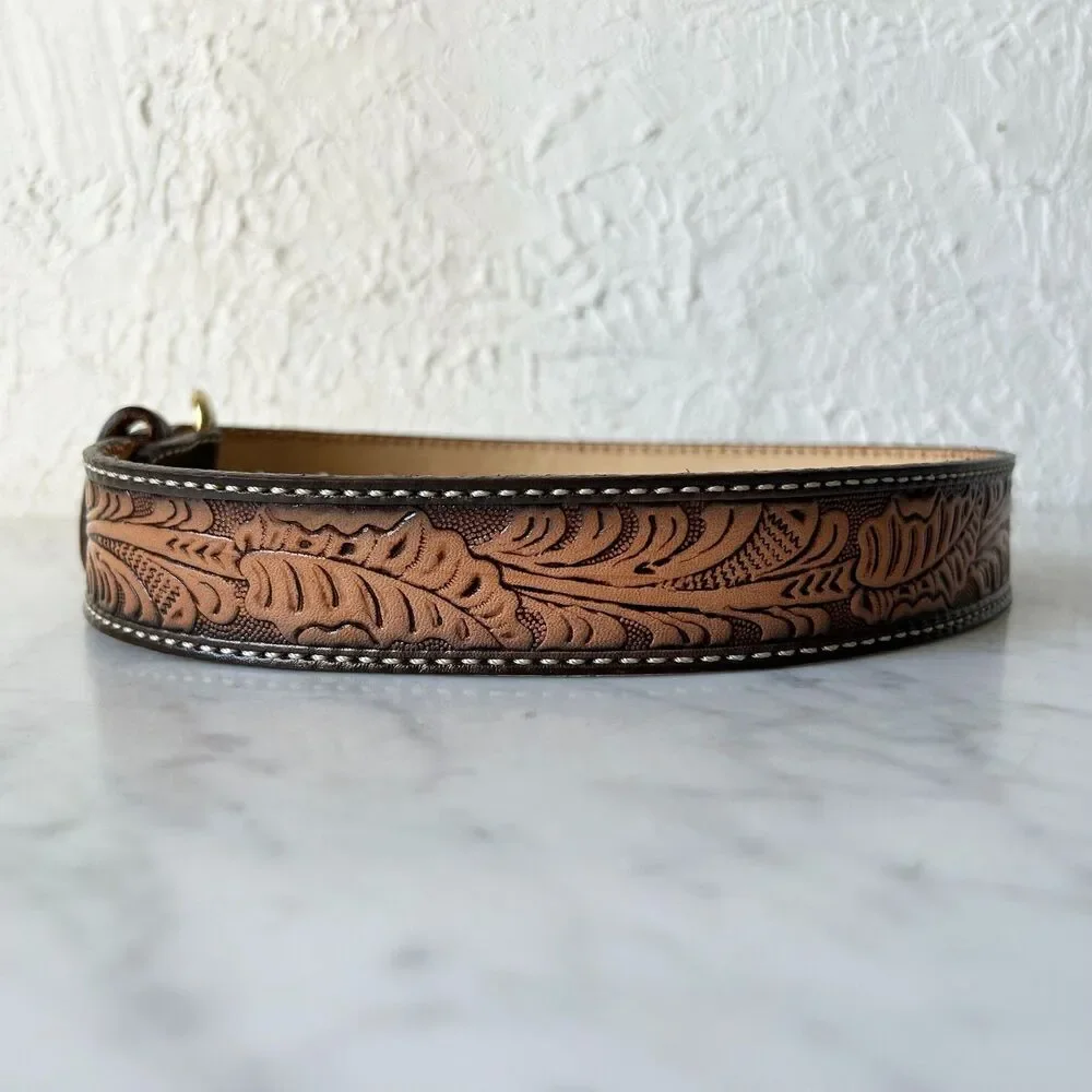 Vintage Western Tooled Leather Belt Cowboy Style with Brass Buckle-Men's Size 26